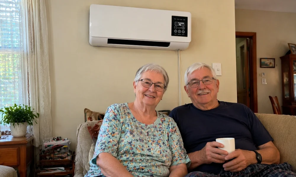 Senior-Ehepaar im Wohnzimmer mit EpiCooler an der Wand