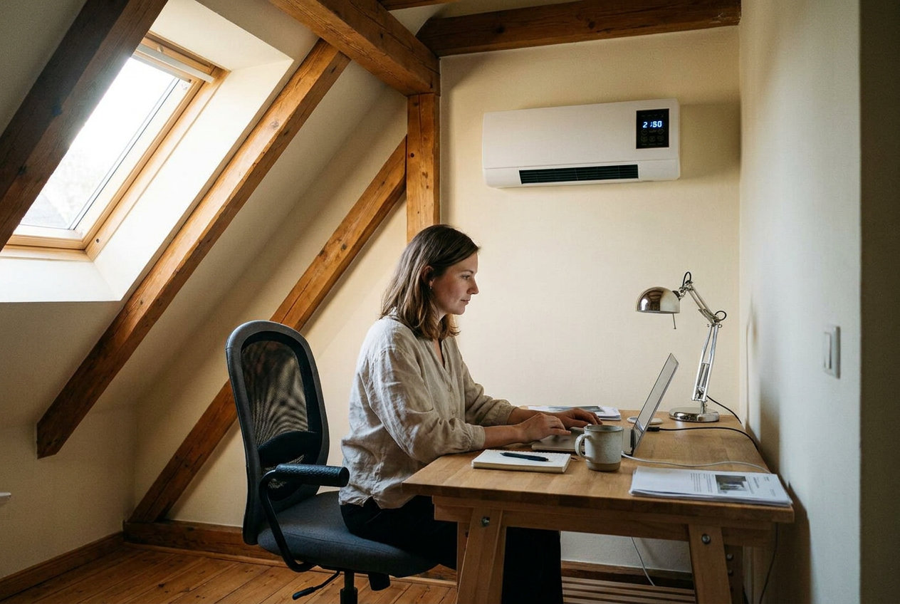 EpiCooler in Annas Spitzboden-Home-Office — arbeiten bei 24 °C, draußen 33 °C